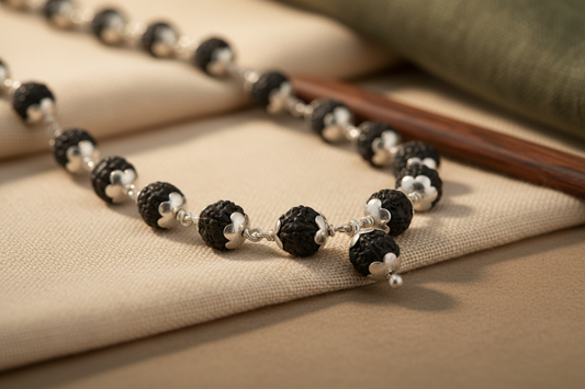Rudraksha Half Mala – 54 Beads | Pure 925 Silver | Indian Spiritual Necklace