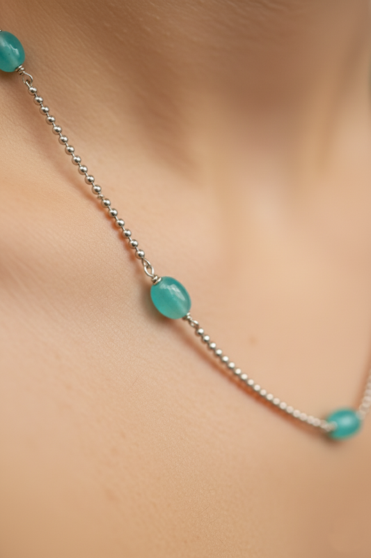 Turquoise Silver Bead Chain Necklace – Minimalist Coastal Charm