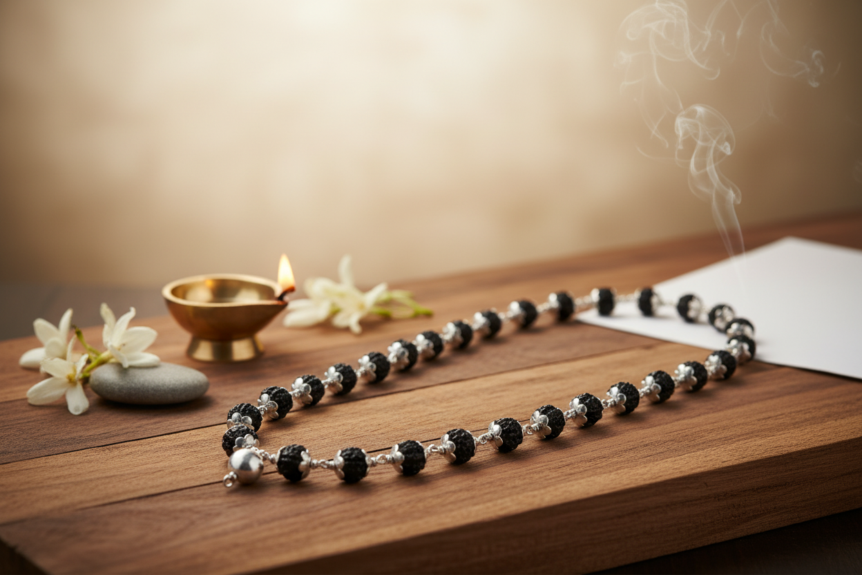 Rudraksh Half Mala – 54 Beads Pure 925 Silver Spiritual Necklace