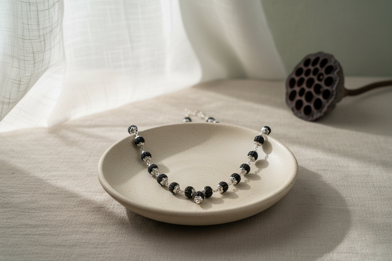 Rudraksha Full Mala – 108 Beads | Pure 925 Silver | Traditional Japa Meditation Necklace