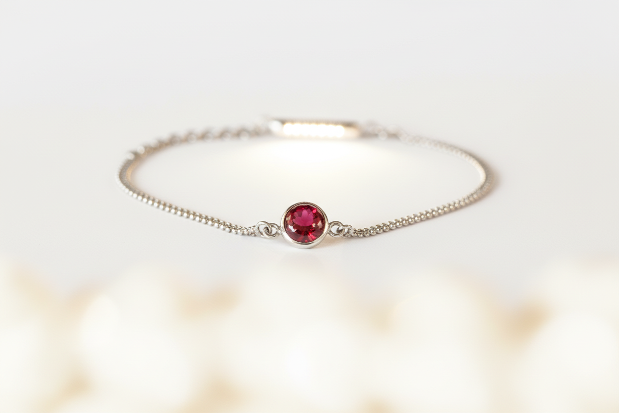925 Silver Adjustable Chain Bracelet with Red Gemstone – Elegant Touch