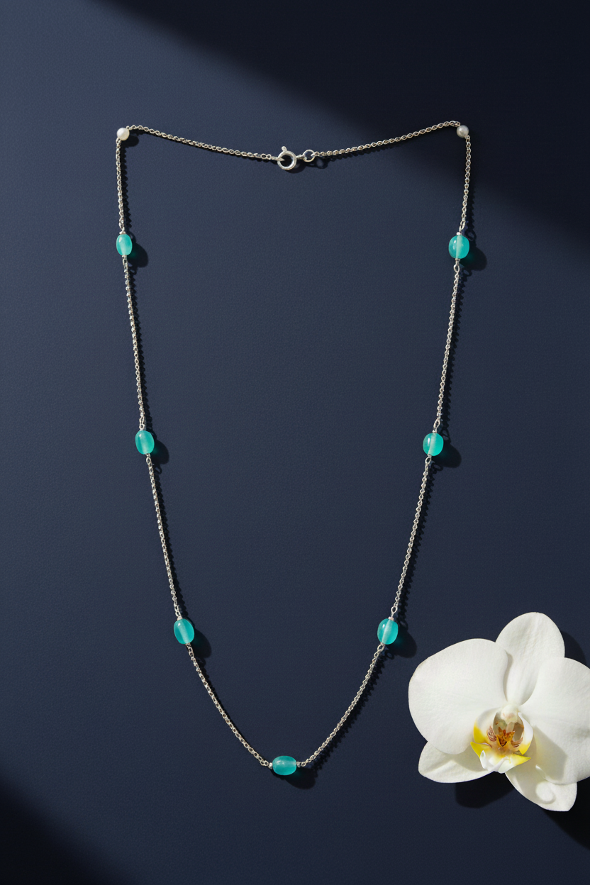 Turquoise Silver Bead Chain Necklace – Minimalist Coastal Charm