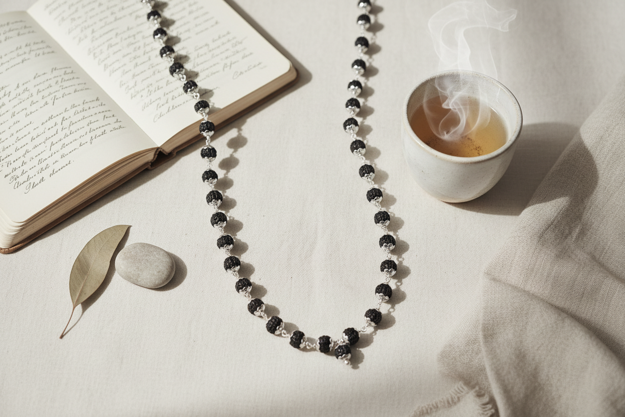Rudraksha Full Mala – 108 Beads | Pure 925 Silver | Traditional Japa Meditation Necklace