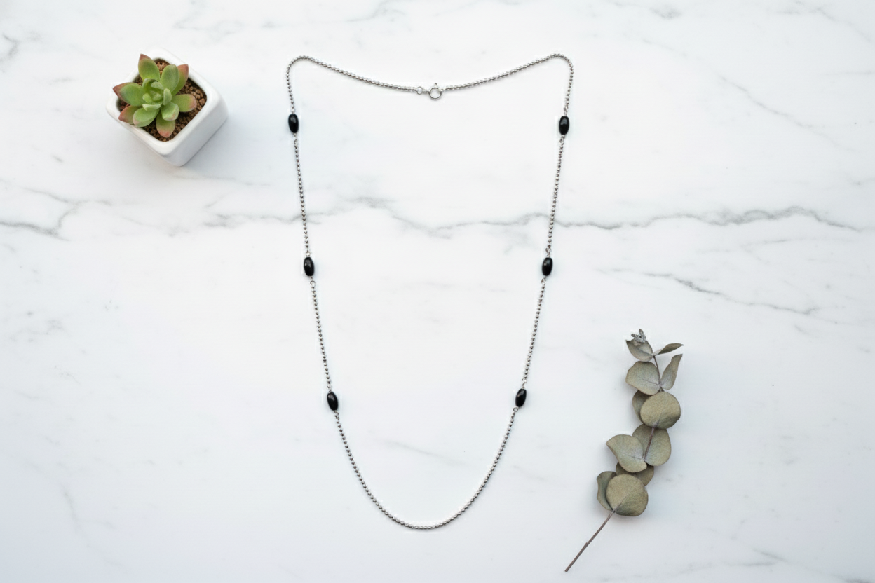 925 Silver Ball Chain Necklace with Black Beads – Timeless Symbolism
