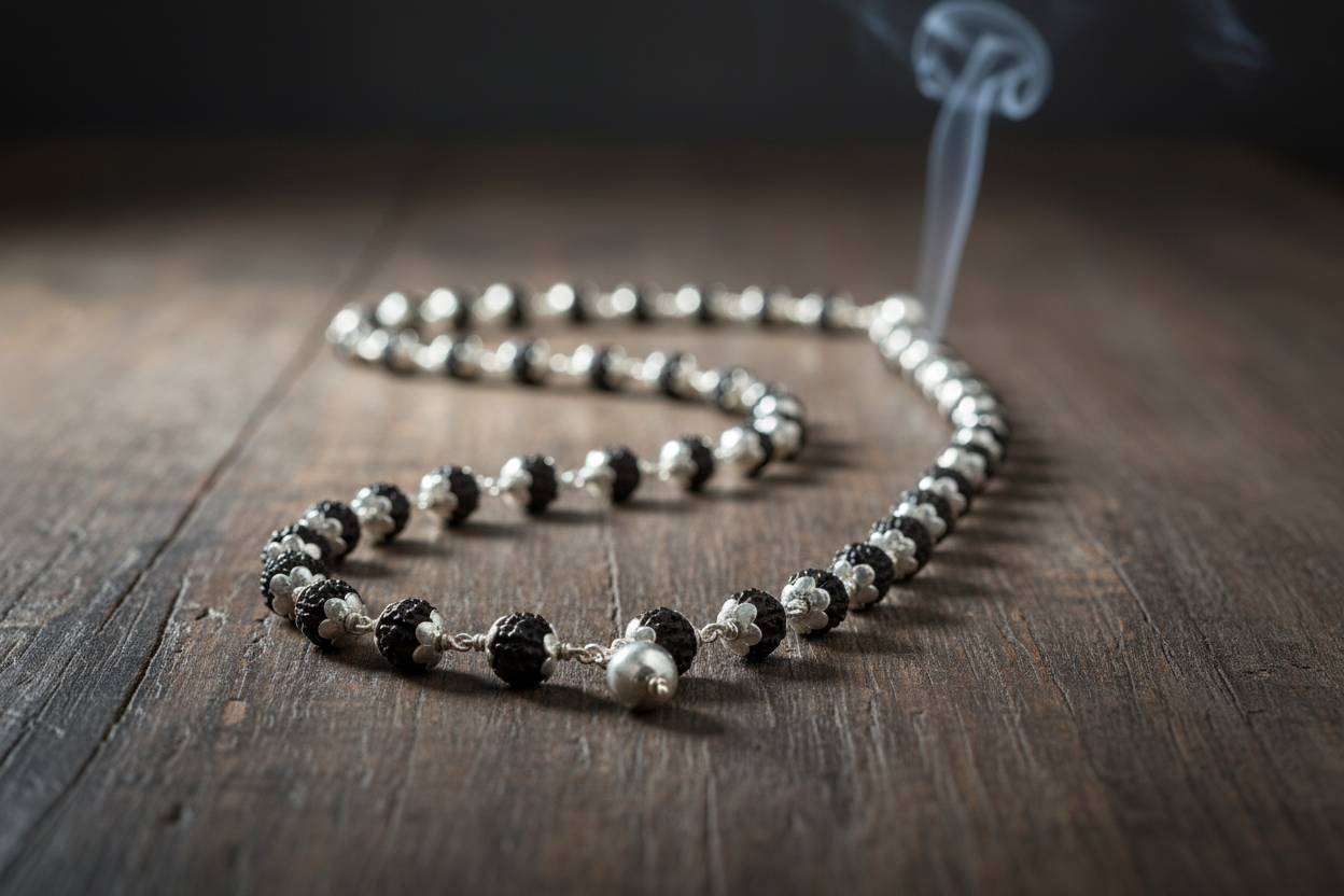 Rudraksh Half Mala – 54 Beads Pure 925 Silver Spiritual Necklace