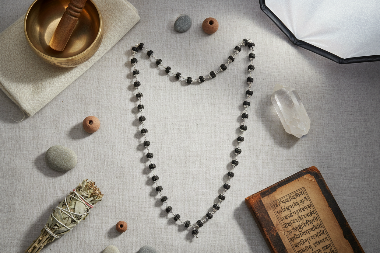 Rudraksha Half Mala – 54 Beads | Pure 925 Silver | Indian Spiritual Necklace