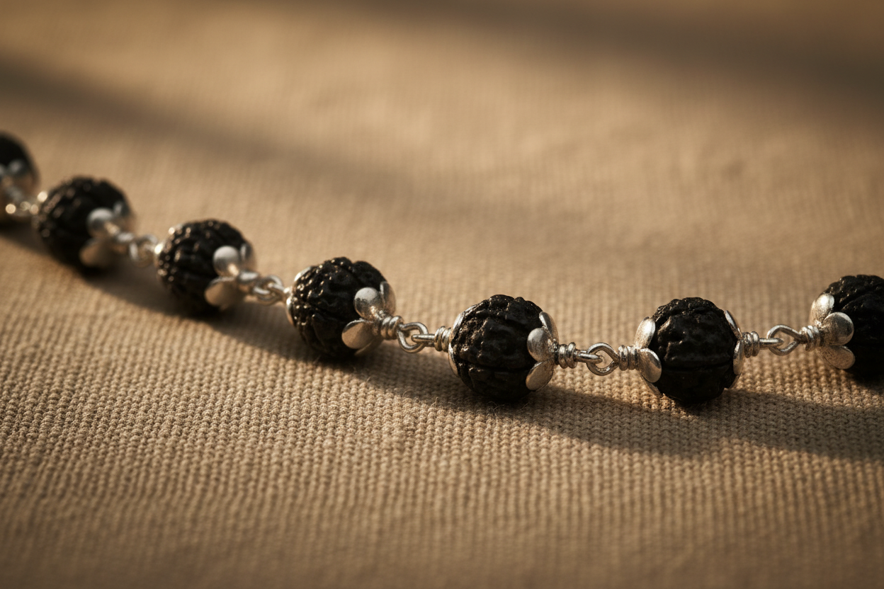 Rudraksha Full Mala – 108 Beads | Pure 925 Silver | Traditional Japa Meditation Necklace