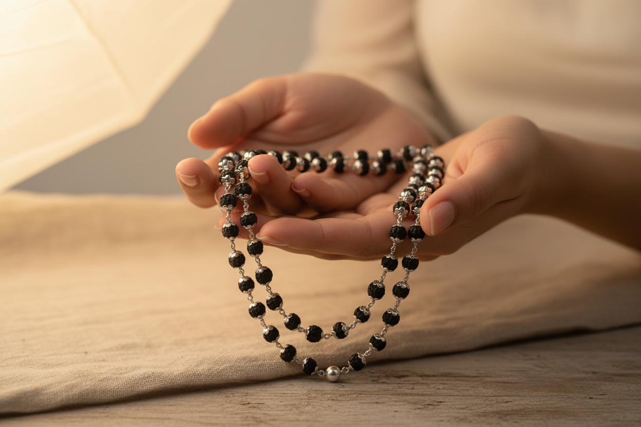 Rudraksha Full Mala – 108 Beads | Pure 925 Silver | Traditional Indian Spiritual Mala