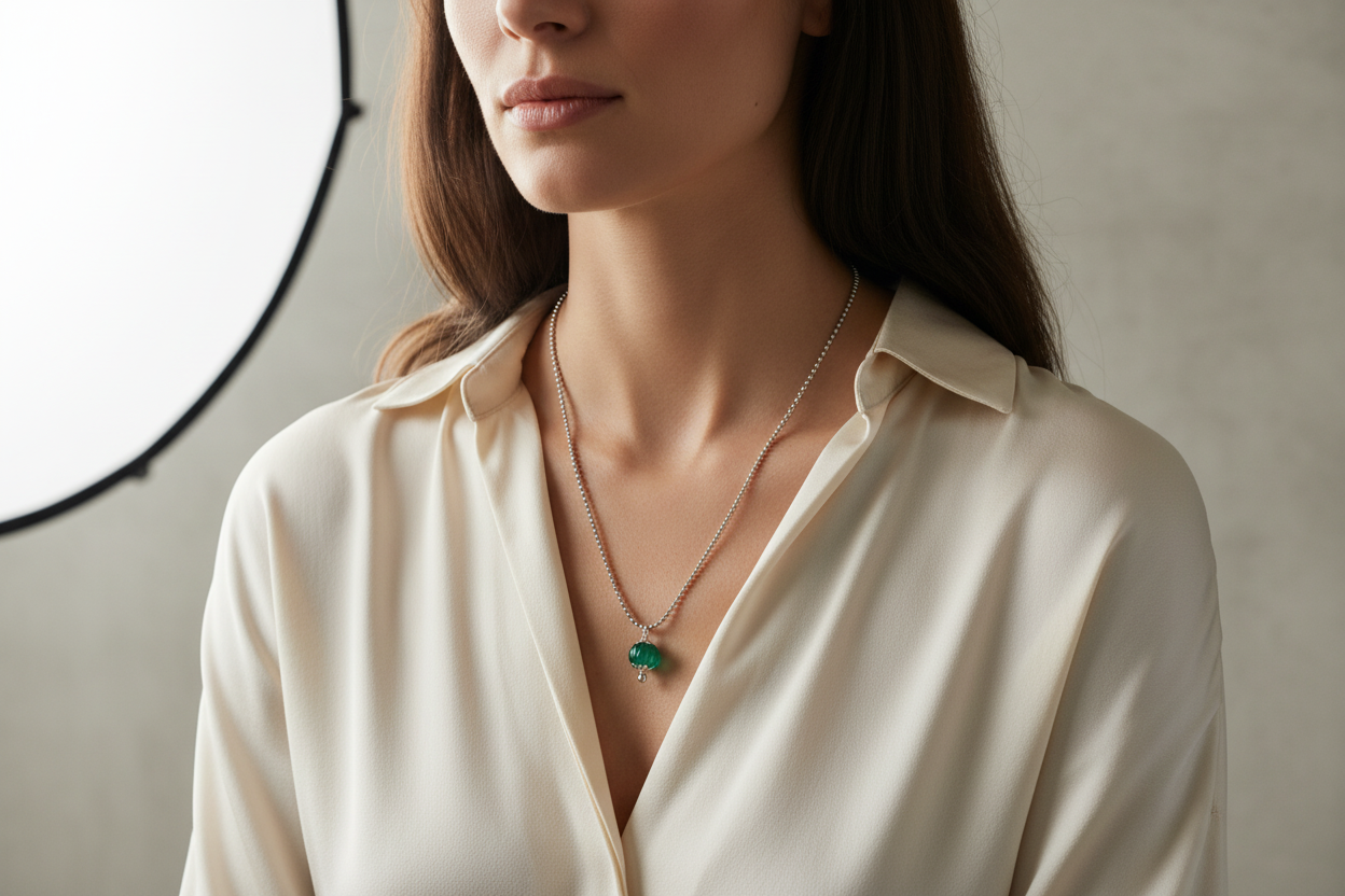 Emerald Glass Bead & Sterling Silver Chain Necklace – Modern Elegant Charm