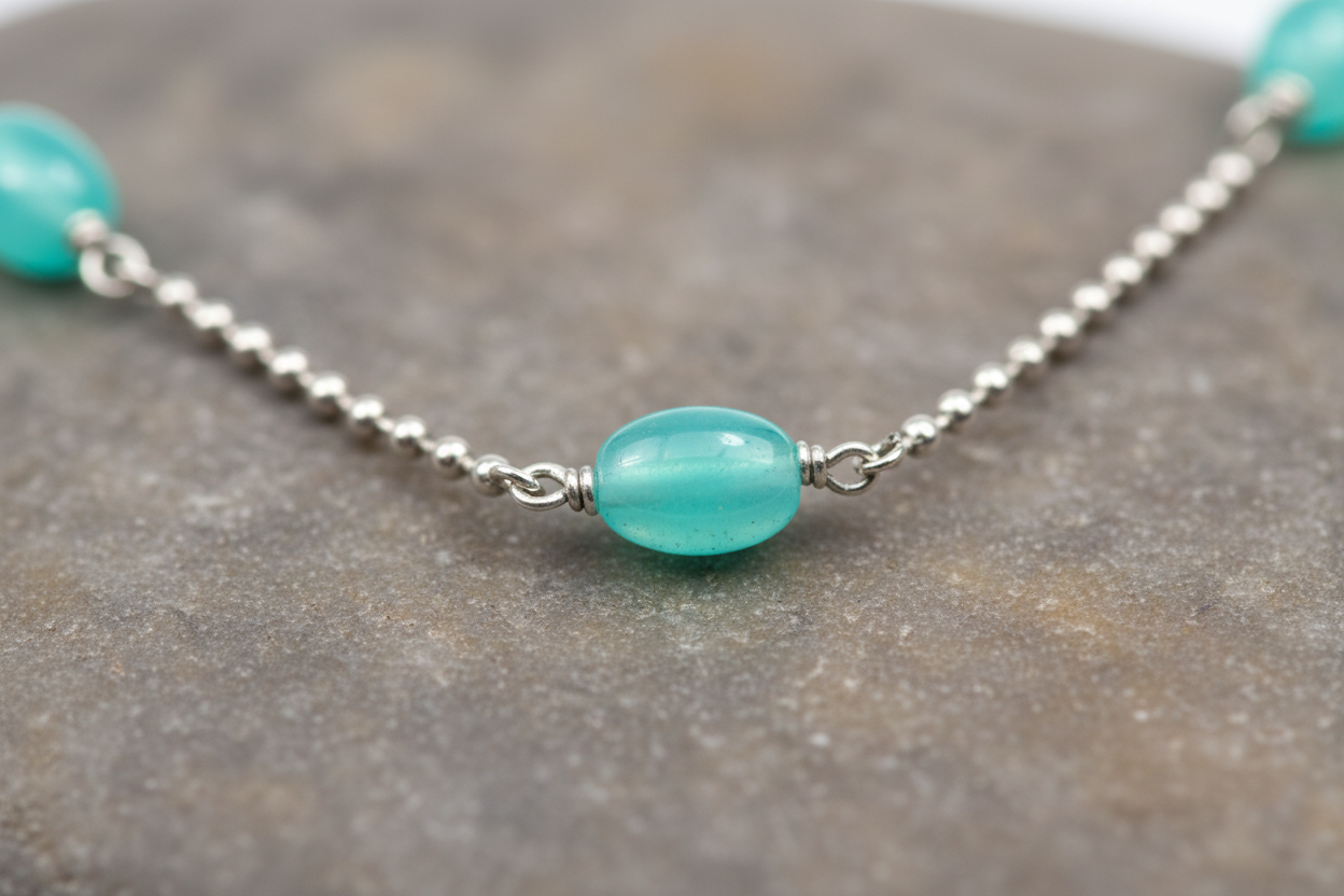 Turquoise Silver Bead Chain Necklace – Minimalist Coastal Charm