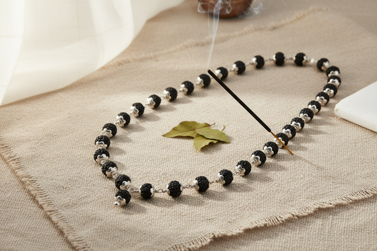 Rudraksha Half Mala – 54 Beads | Pure 925 Silver | Indian Spiritual Necklace