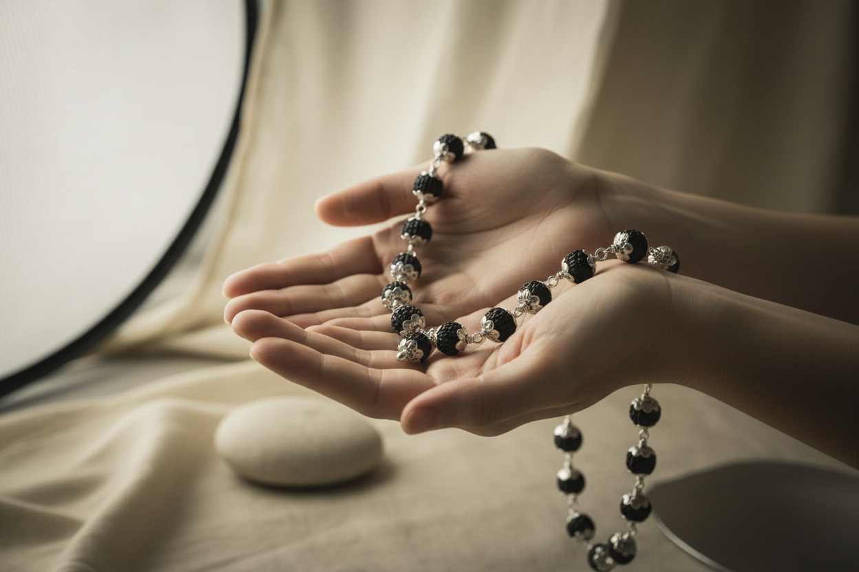 Rudraksha Full Mala – 108 Beads | Pure 925 Silver | Traditional Japa Meditation Necklace