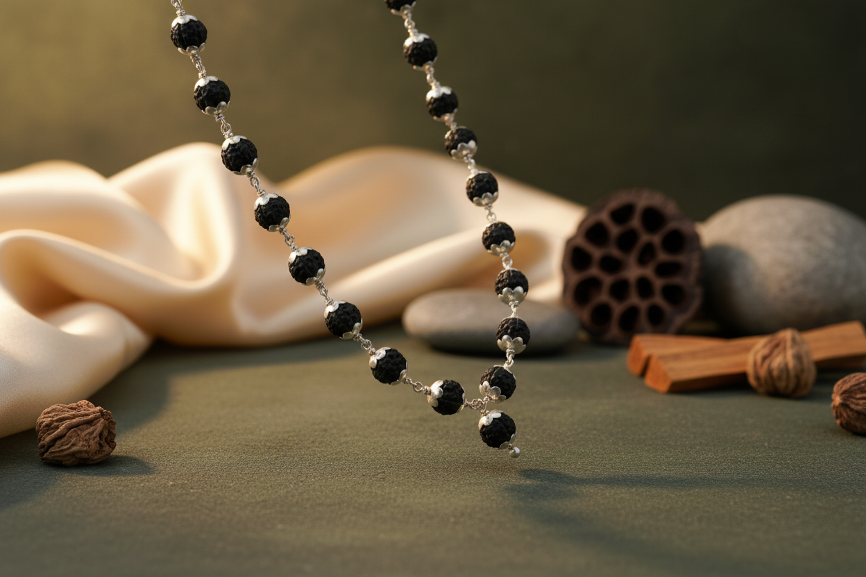 Rudraksha Half Mala – 54 Beads | Pure 925 Silver | Indian Spiritual Necklace