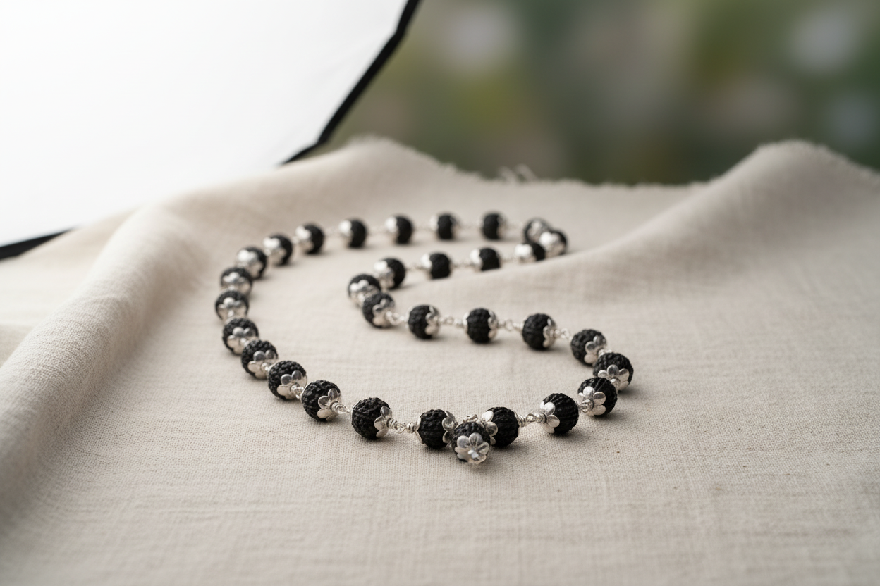 Rudraksha Full Mala – 108 Beads | Pure 925 Silver | Traditional Japa Meditation Necklace