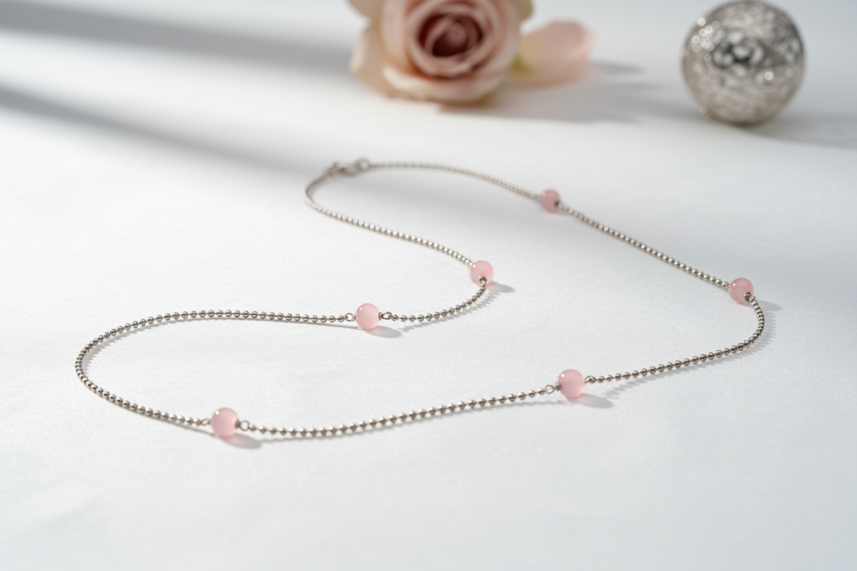 Rose Quartz Bead & Silver Ball Chain Necklace – Modern Romance