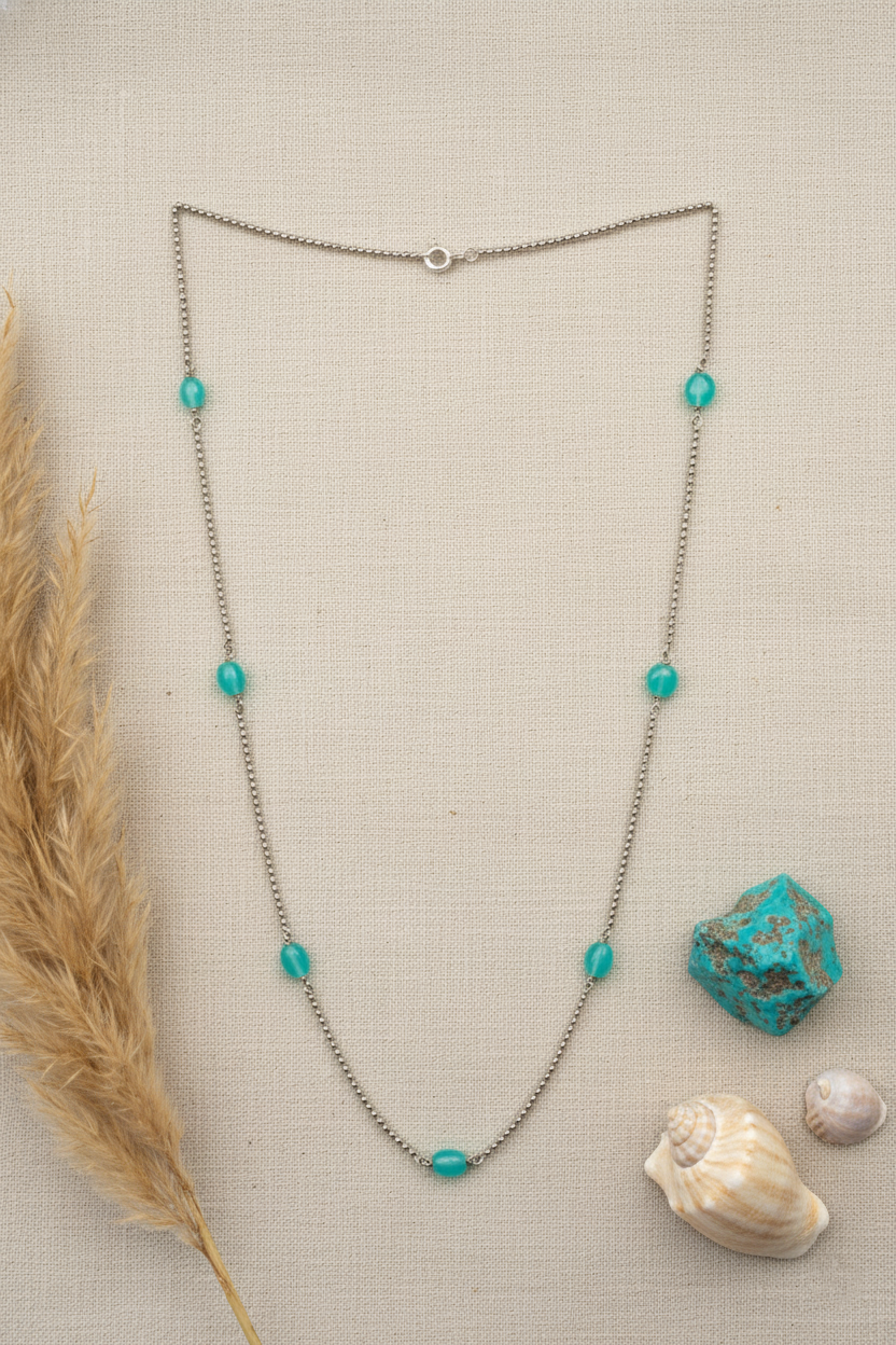 Turquoise Silver Bead Chain Necklace – Minimalist Coastal Charm