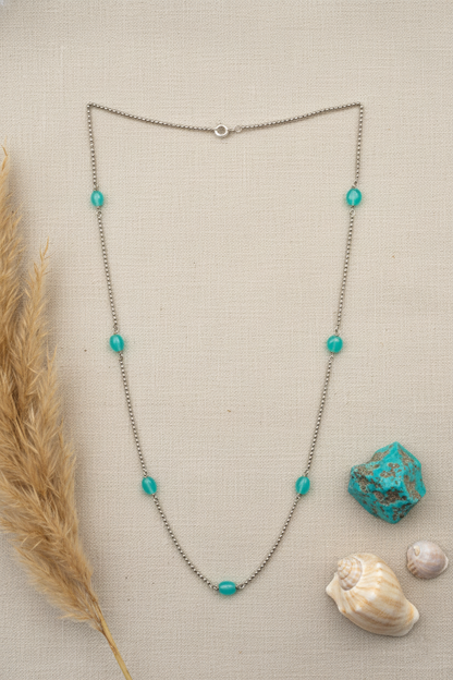 Turquoise Silver Bead Chain Necklace – Minimalist Coastal Charm