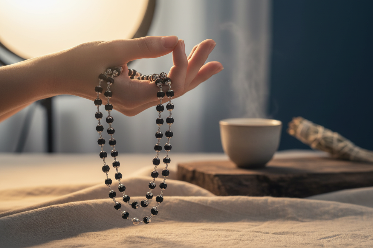 Rudraksha Full Mala – 108 Beads | Pure 925 Silver | Traditional Indian Spiritual Mala