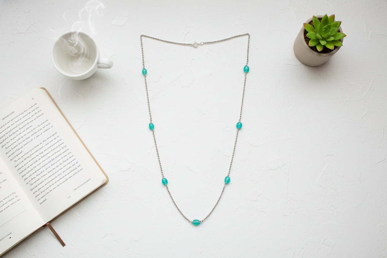Turquoise Silver Bead Chain Necklace – Minimalist Coastal Charm