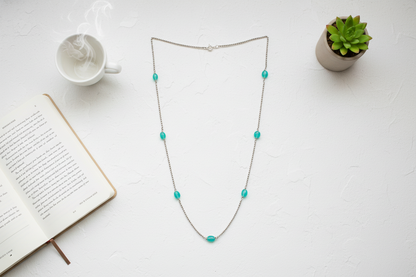 Turquoise Silver Bead Chain Necklace – Minimalist Coastal Charm