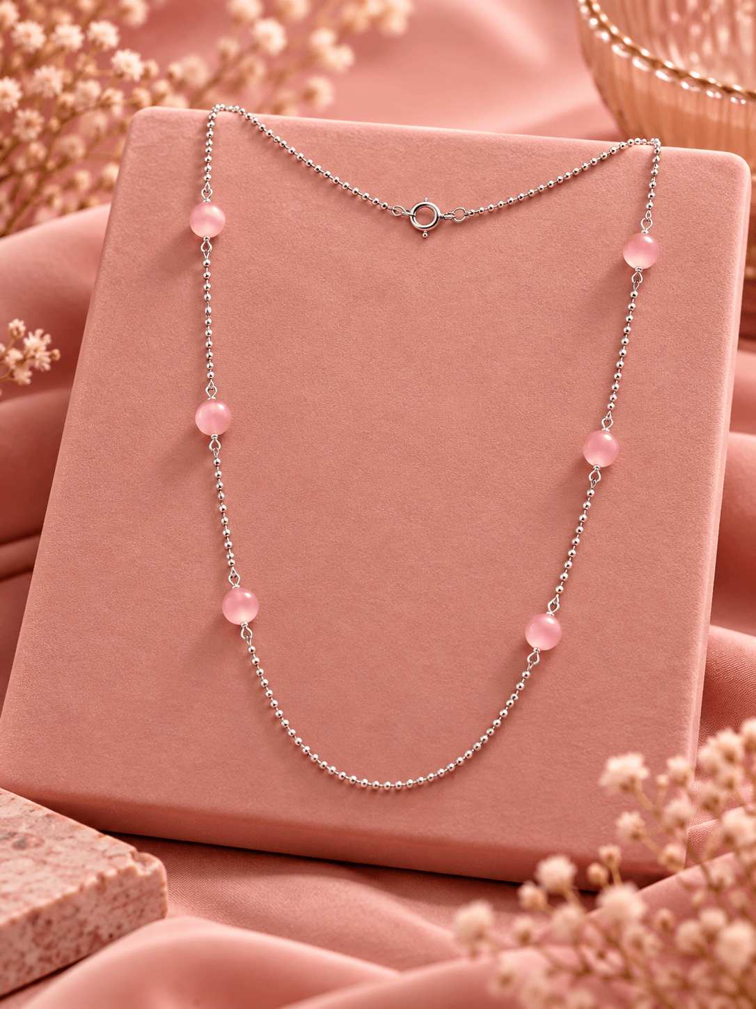 Rose Quartz Bead & Silver Ball Chain Necklace – Modern Romance