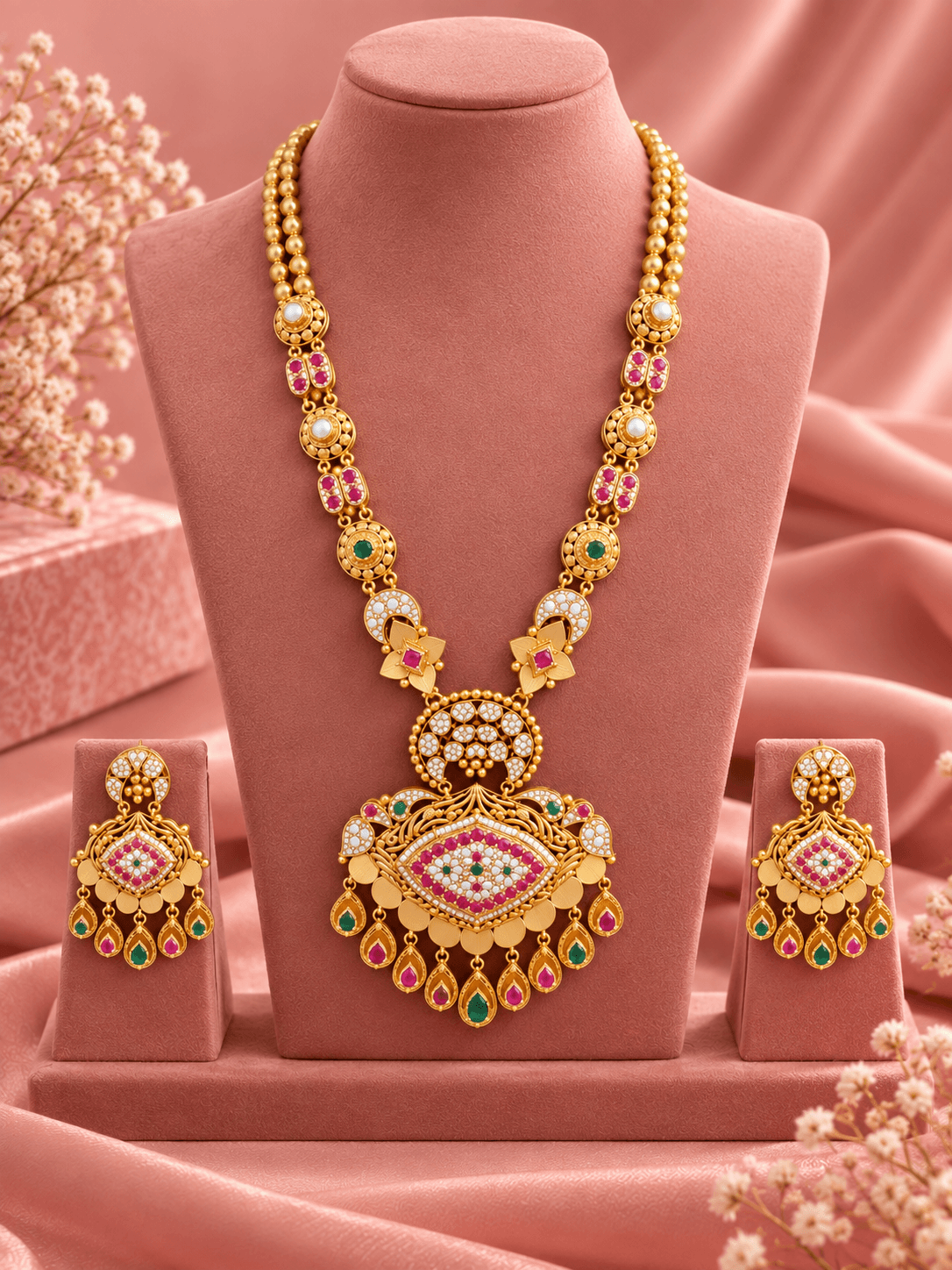 Nayantara Navratna Gold Plated Silver Long Set