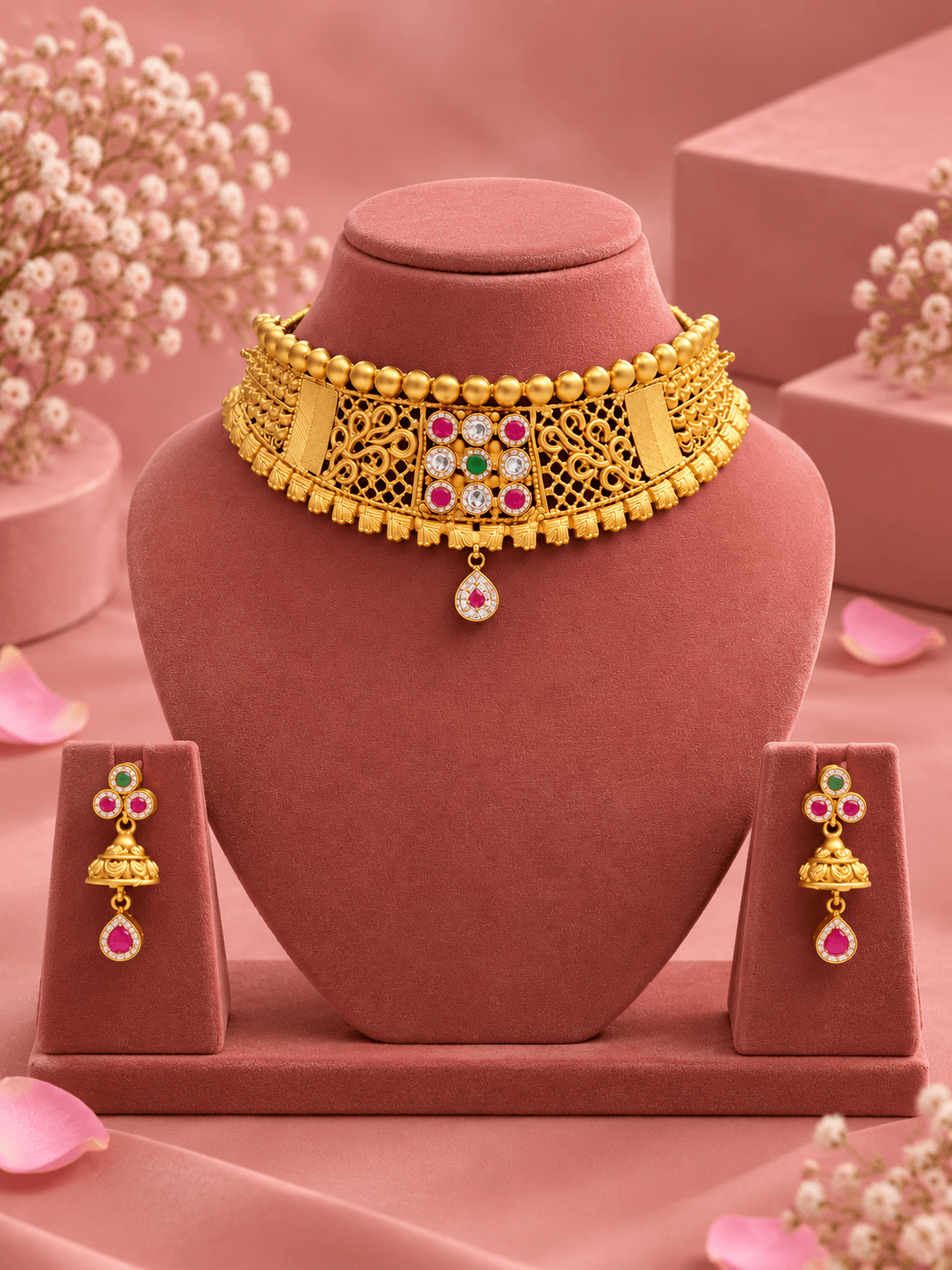 Navratna Jharokha Gold Plated Silver Choker Set