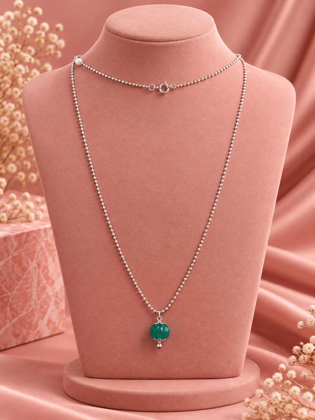 Emerald Glass Bead & Sterling Silver Chain Necklace – Modern Elegant Charm