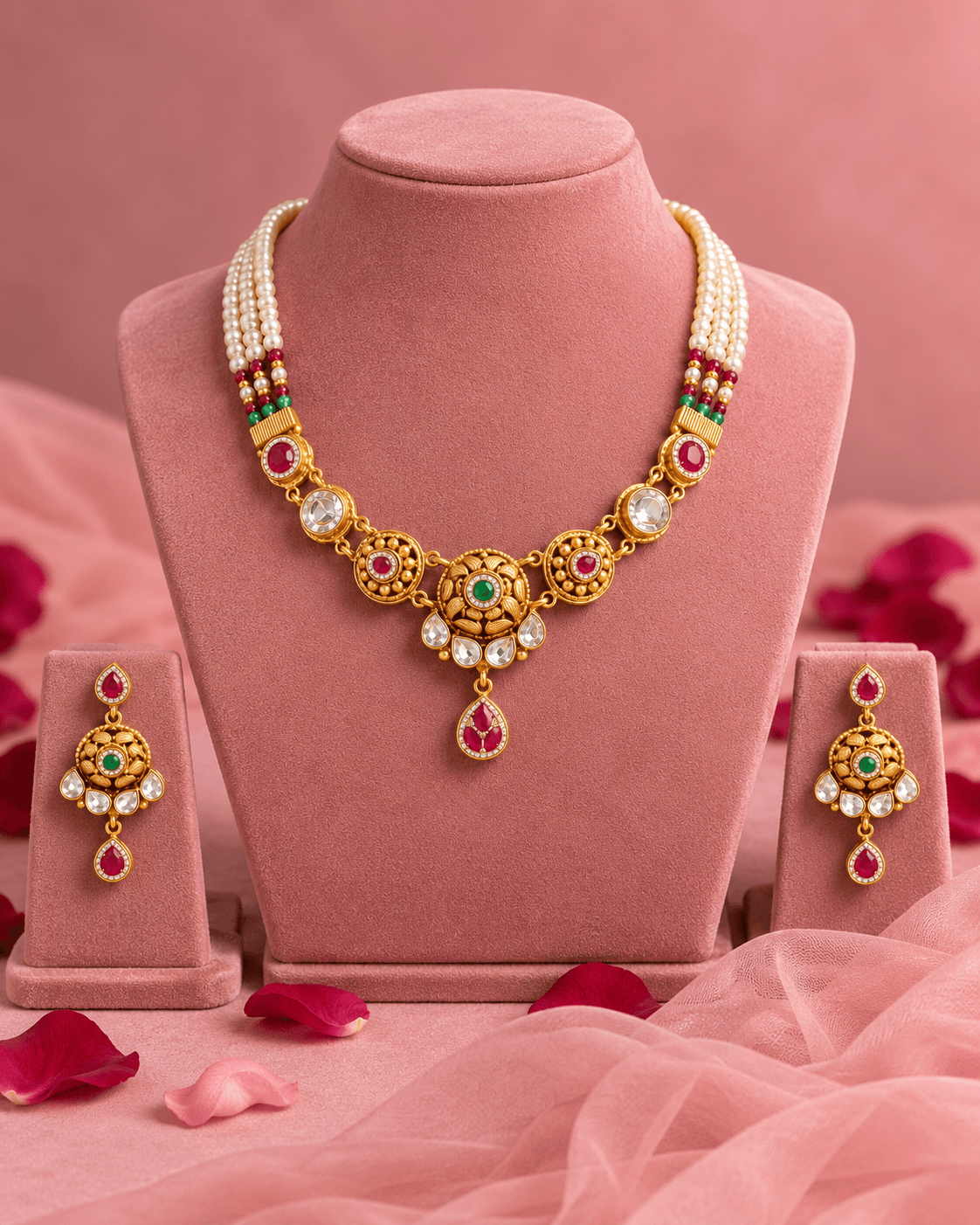 Gulbahar Ruby Gold Plated Silver Half Set