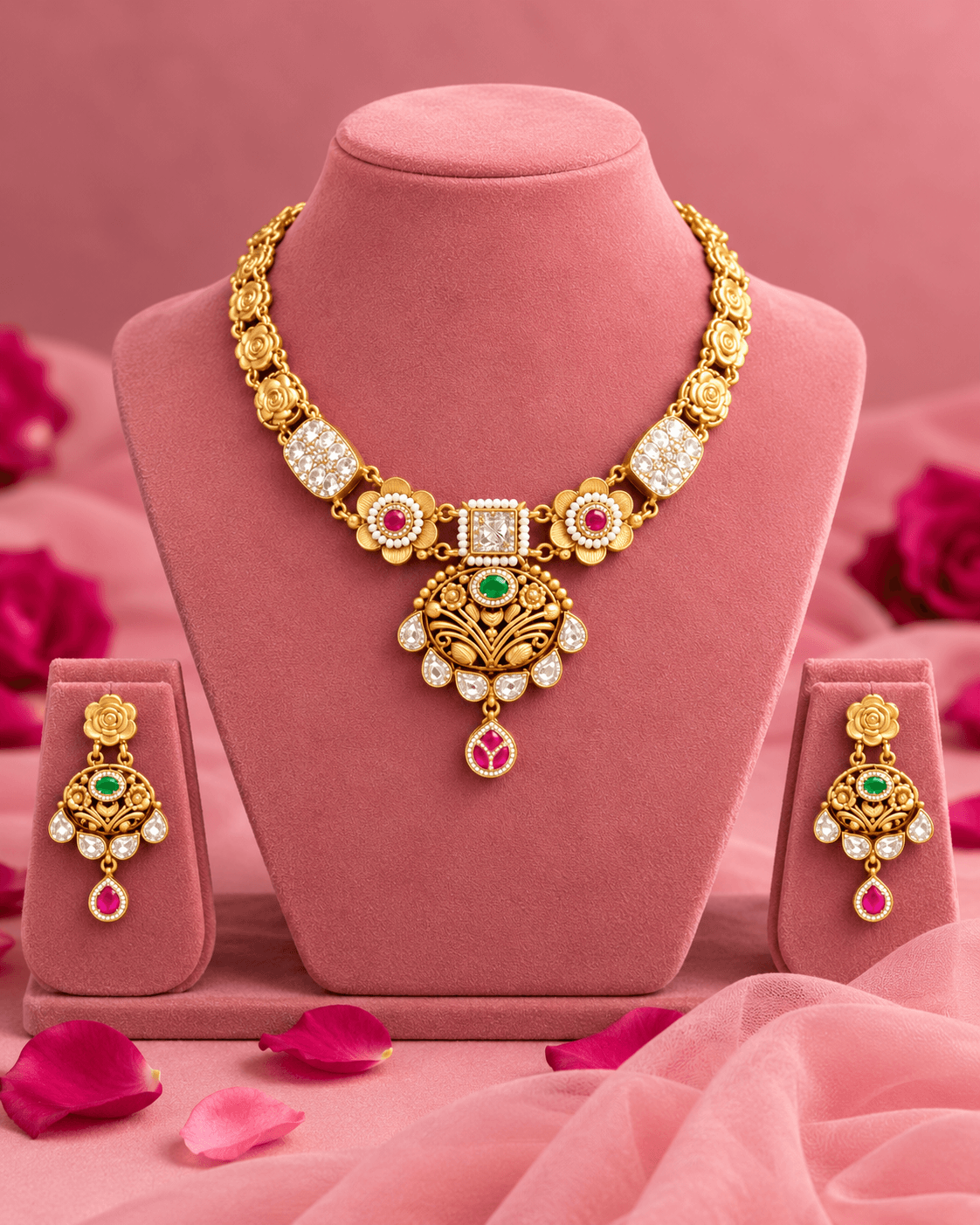 Rajkumud Ruby Gold Plated Silver Half Set