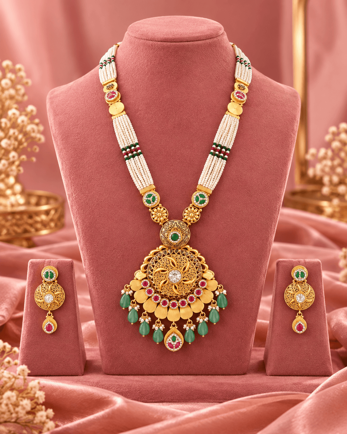 Vasantika Mint Drop Gold Plated Silver Long Set
