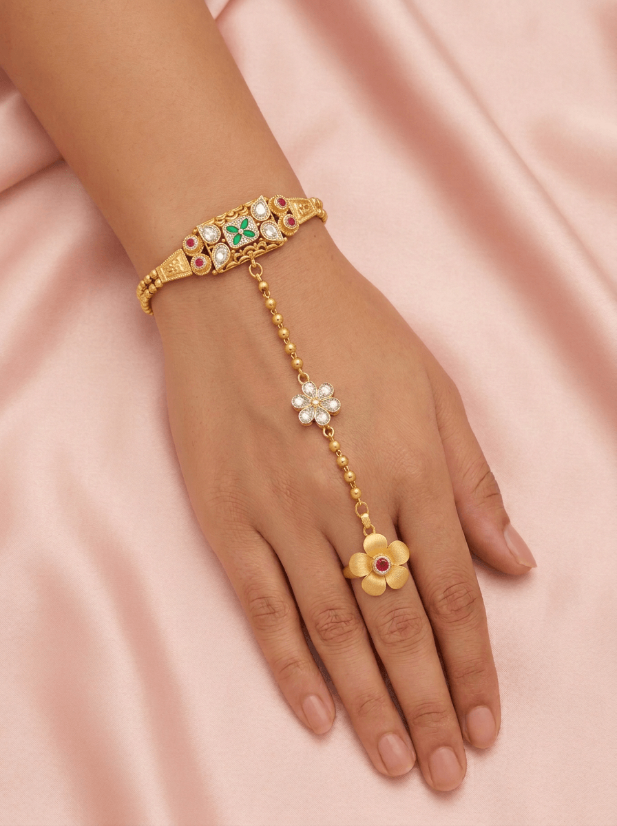 Panna Kundan Gold Plated Silver Hath Paan