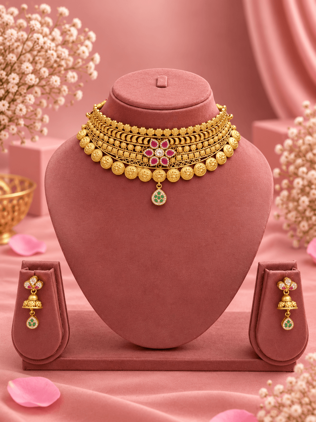 Rajmudra Ruby Gold Plated Silver Choker Set