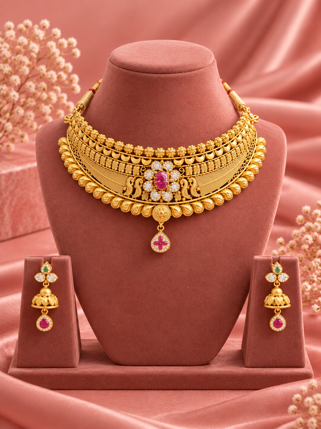 Gulbahar Ruby Gold Plated Silver Choker Set