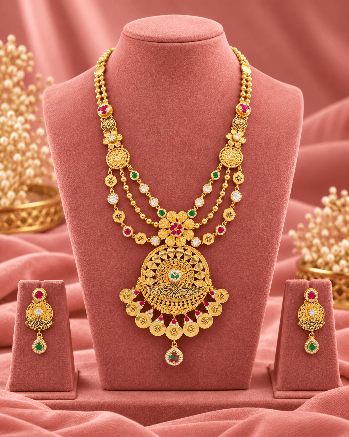 Maharani Navratna Gold Plated Silver Long Set