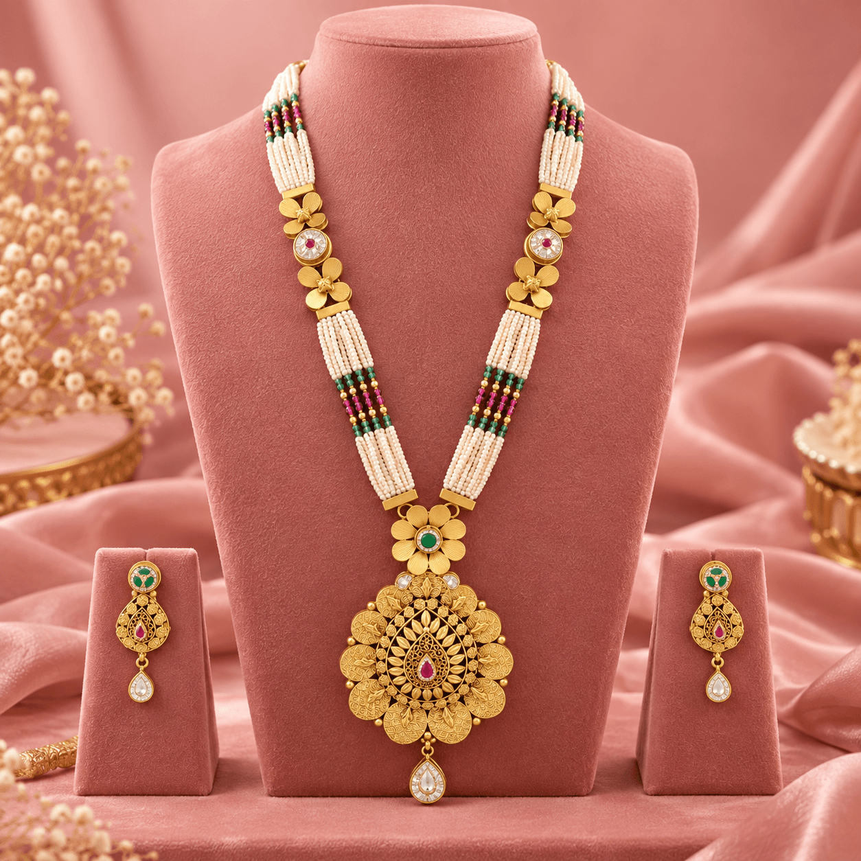 Padmavati Pearl Gold Plated Silver Long Set