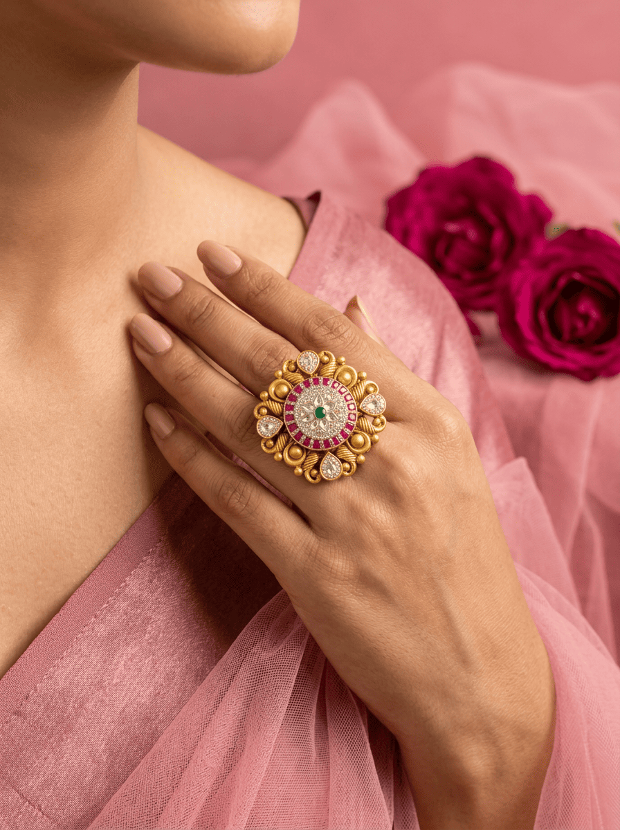 Padmaraga Floral Gold Plated Silver Ring