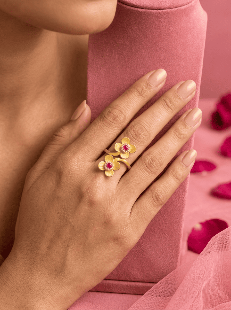 Ruhani Twin Bloom Gold Plated Silver Ring