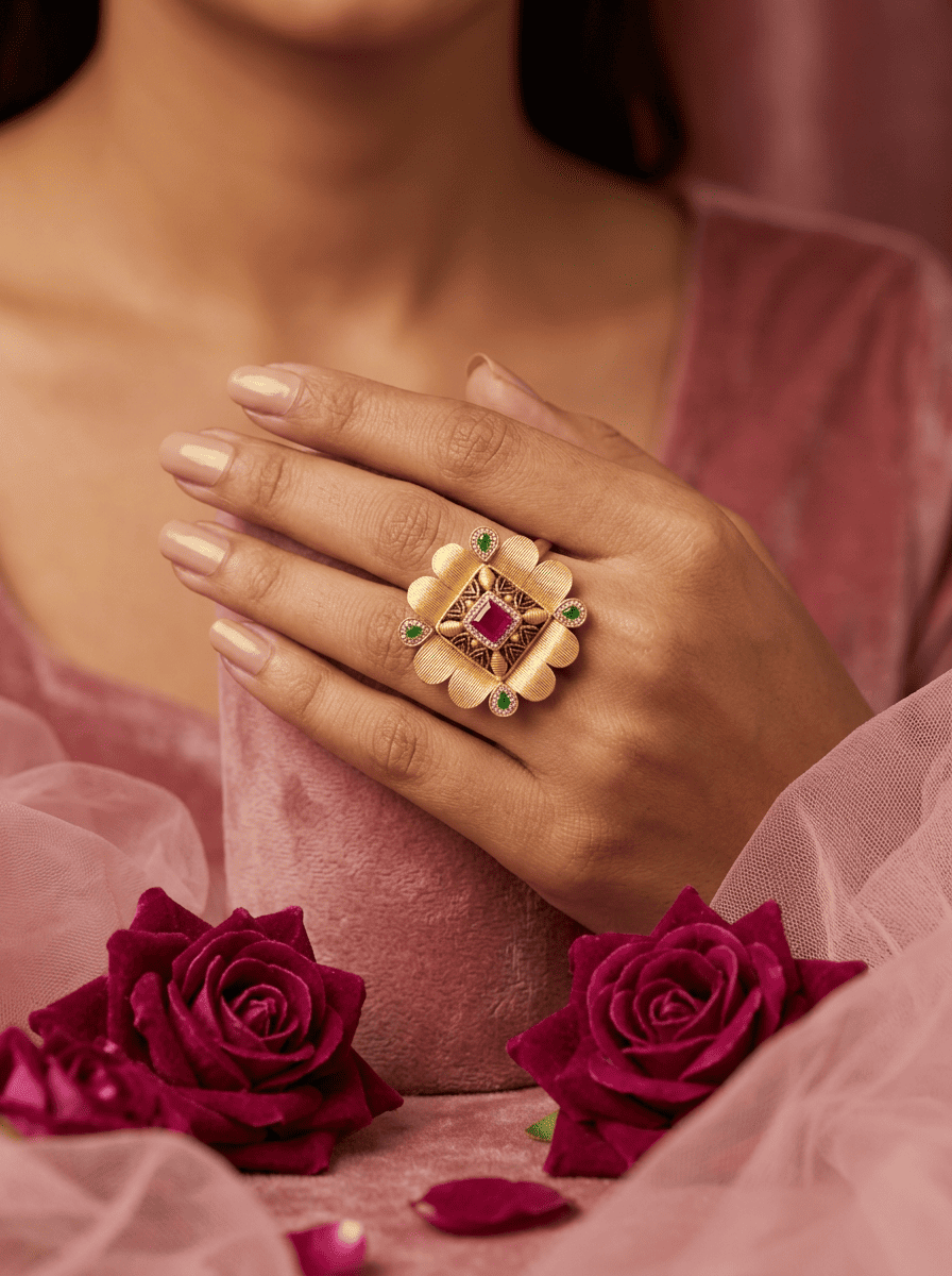 Rajvi Emerald Square Gold Plated Silver Ring