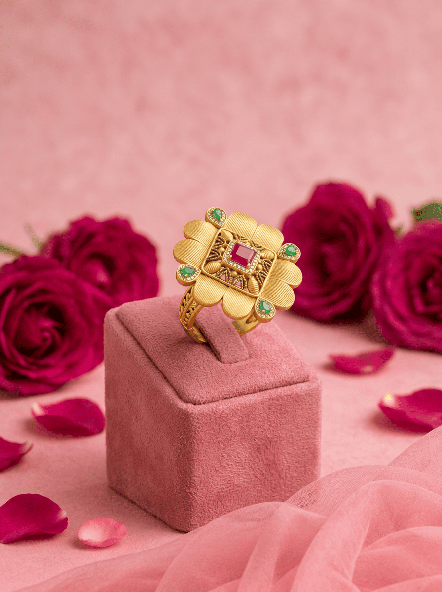 Rajvi Emerald Square Gold Plated Silver Ring