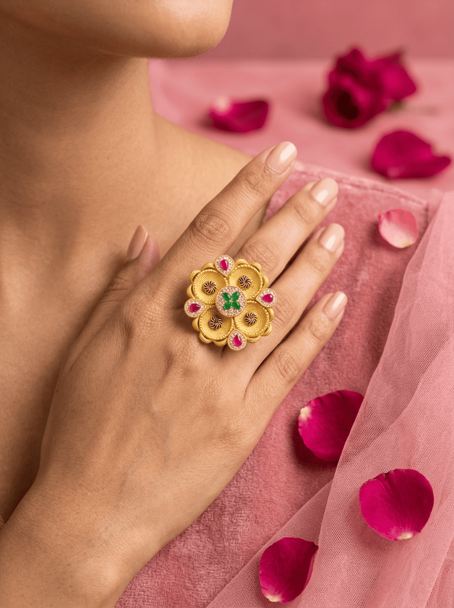 Navrang Pushpa Gold Plated Silver Ring