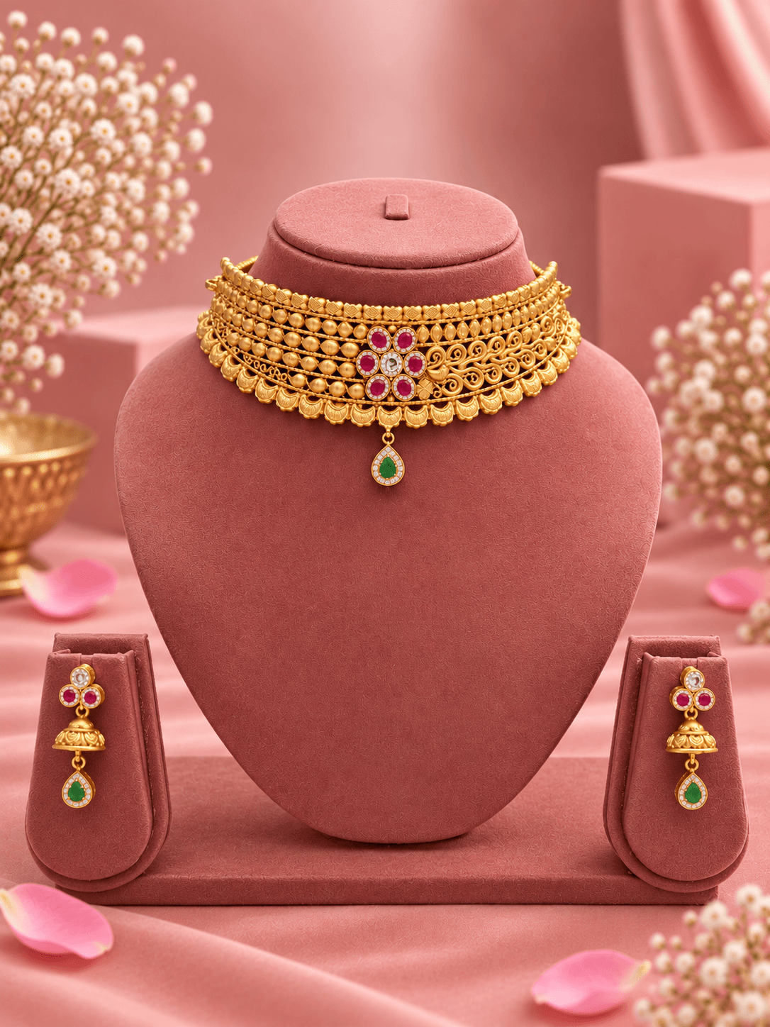 Kumud Ruby Gold Plated Silver Choker Set