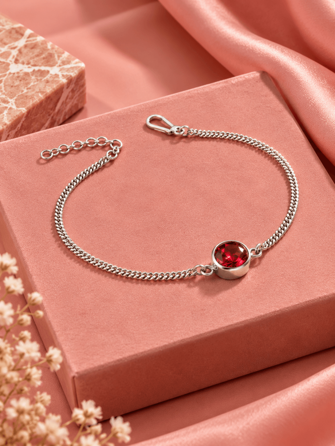 925 Silver Adjustable Chain Bracelet with Red Gemstone – Elegant Touch
