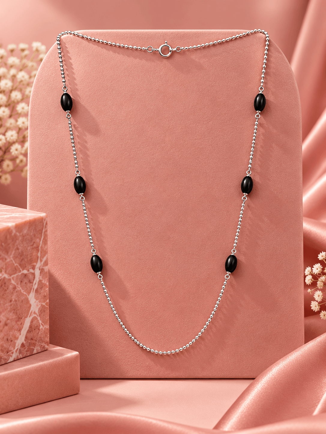 925 Silver Ball Chain Necklace with Black Beads – Timeless Symbolism