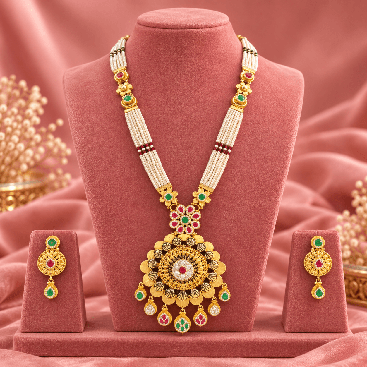 Suryaprabha Floral Gold Plated Silver Long Set
