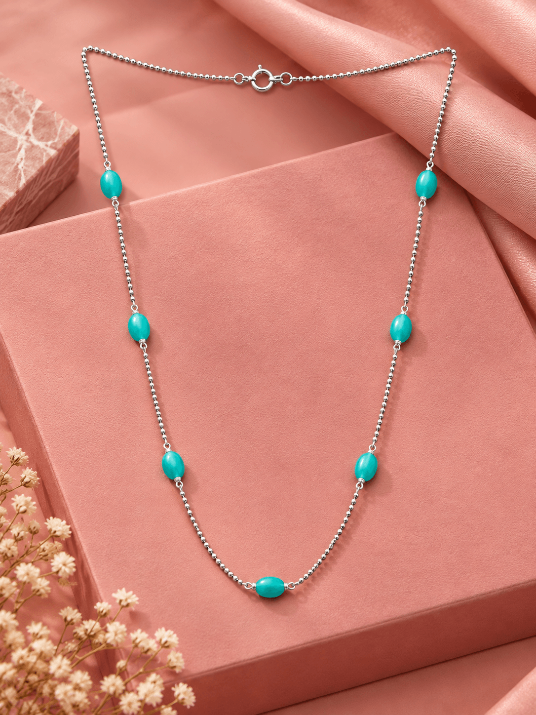 Turquoise Silver Bead Chain Necklace – Minimalist Coastal Charm